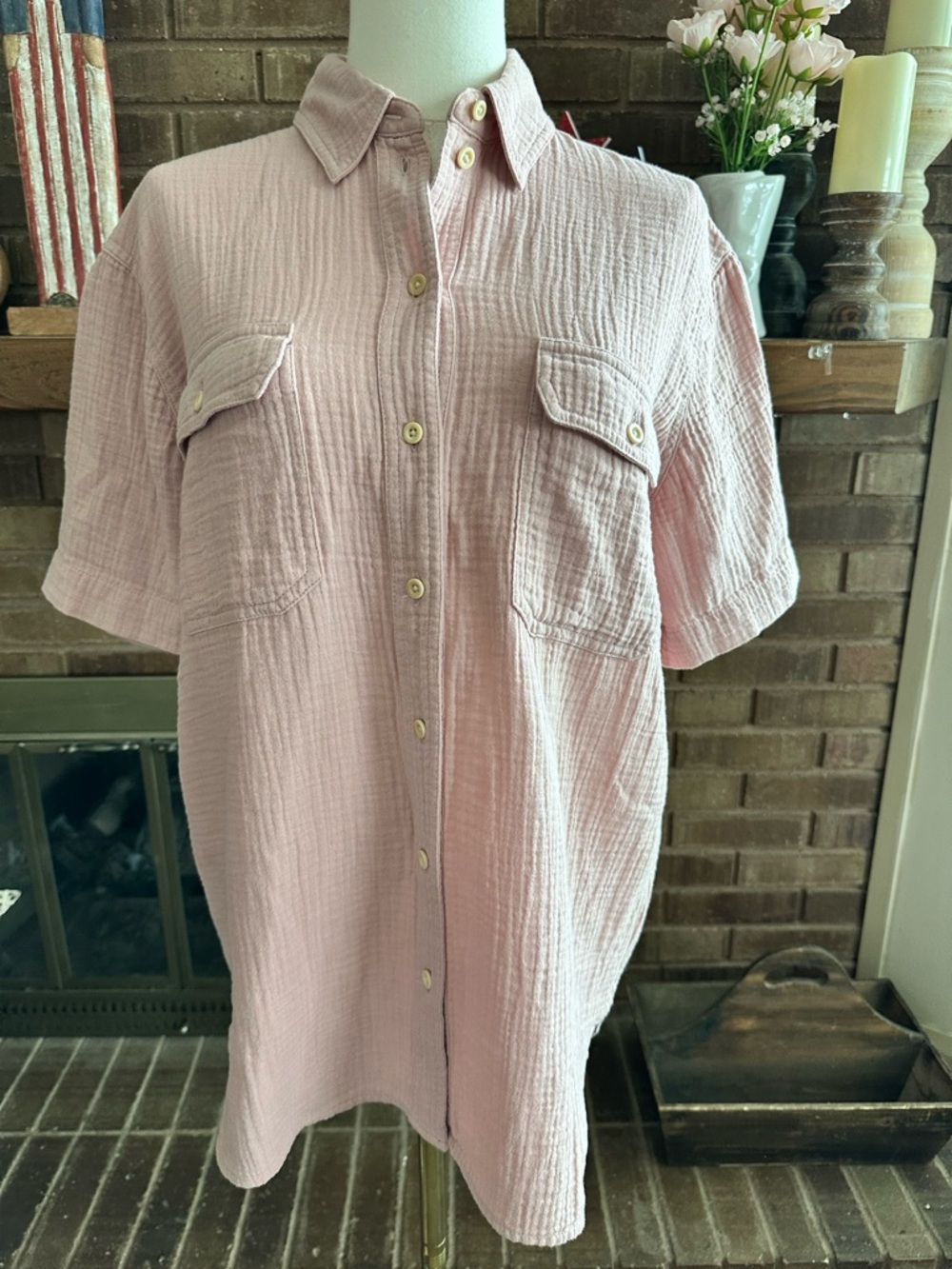 Madewell Pink Double Pocket Gauze Short Sleeve Button Down Shirt Size S - Picture 1 of 4